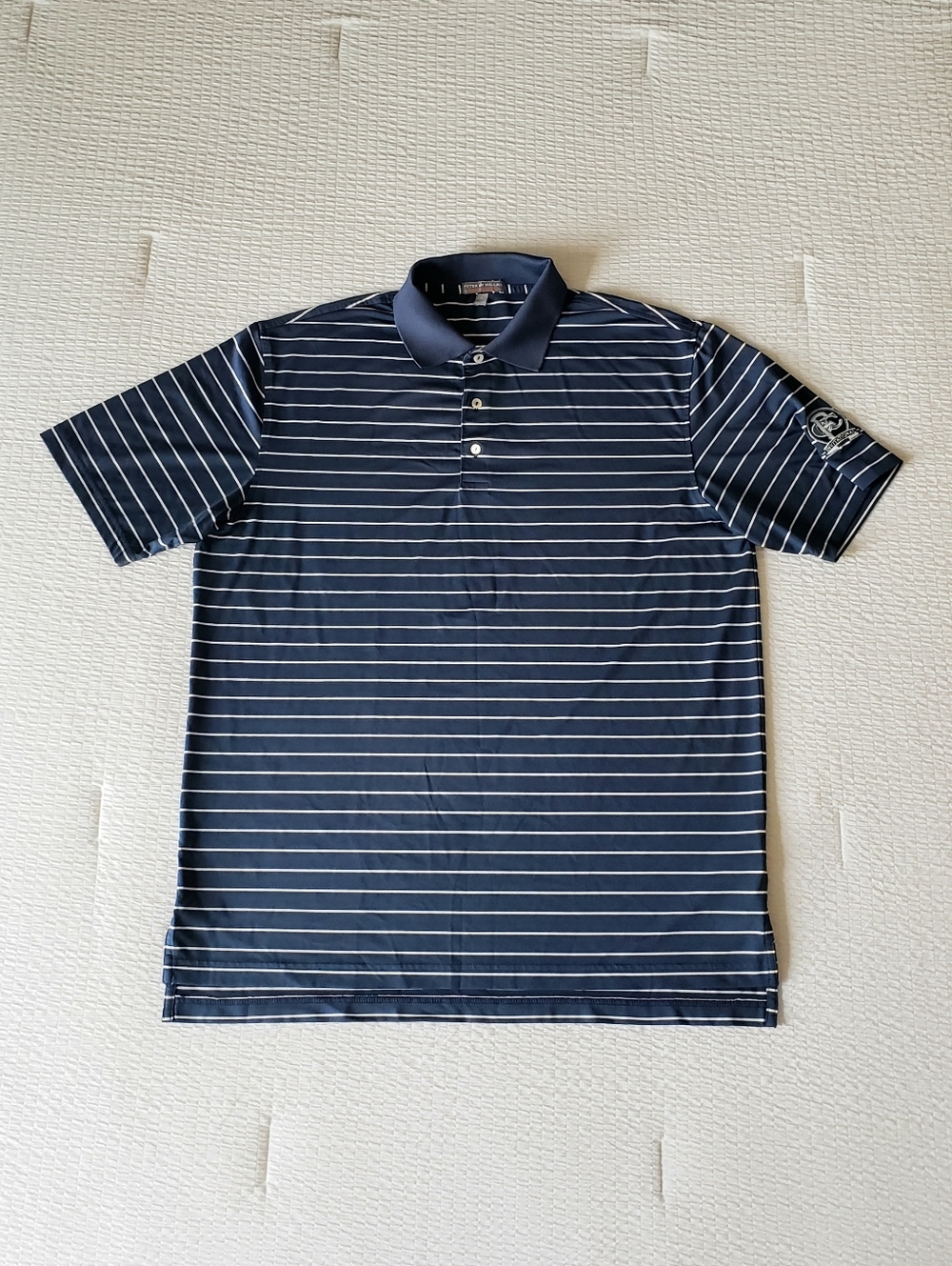 NWOT! PETER MILLAR Men's Summer Comfort Striped Logo Golf Polo Shirt (L) Navy